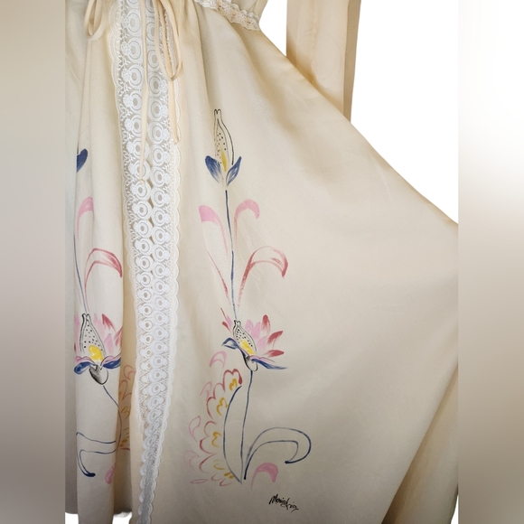 Vintage Dreamy 1970s Hand-Painted Boho Maxi • Sheer Ivory Nylon & Lace • S - Picture 4 of 13